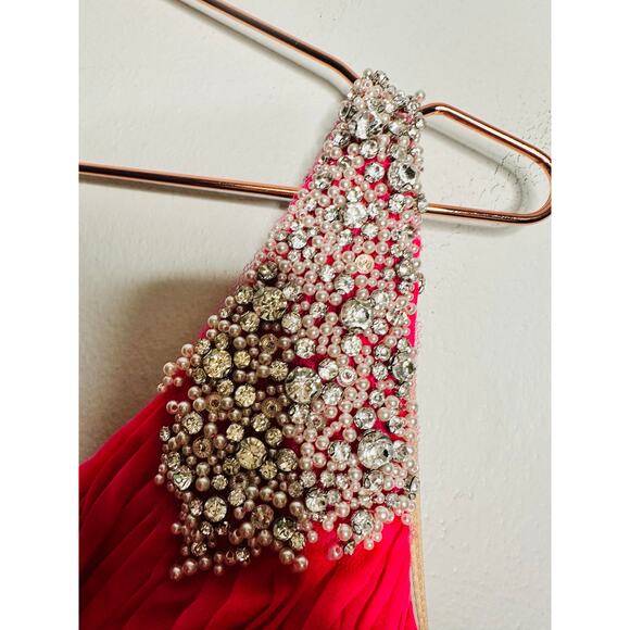 ASHLEYLAUREN Hot Pink Pleated Crystal Pearl Beaded One Shoulder Gown Size 8 - Picture 9 of 15